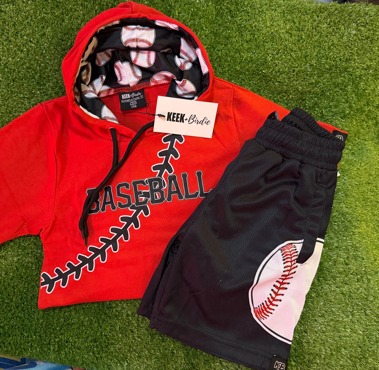 KB red/Black Hooded Baseball Seams Tshirt + Shorts (black)Set (RTS)