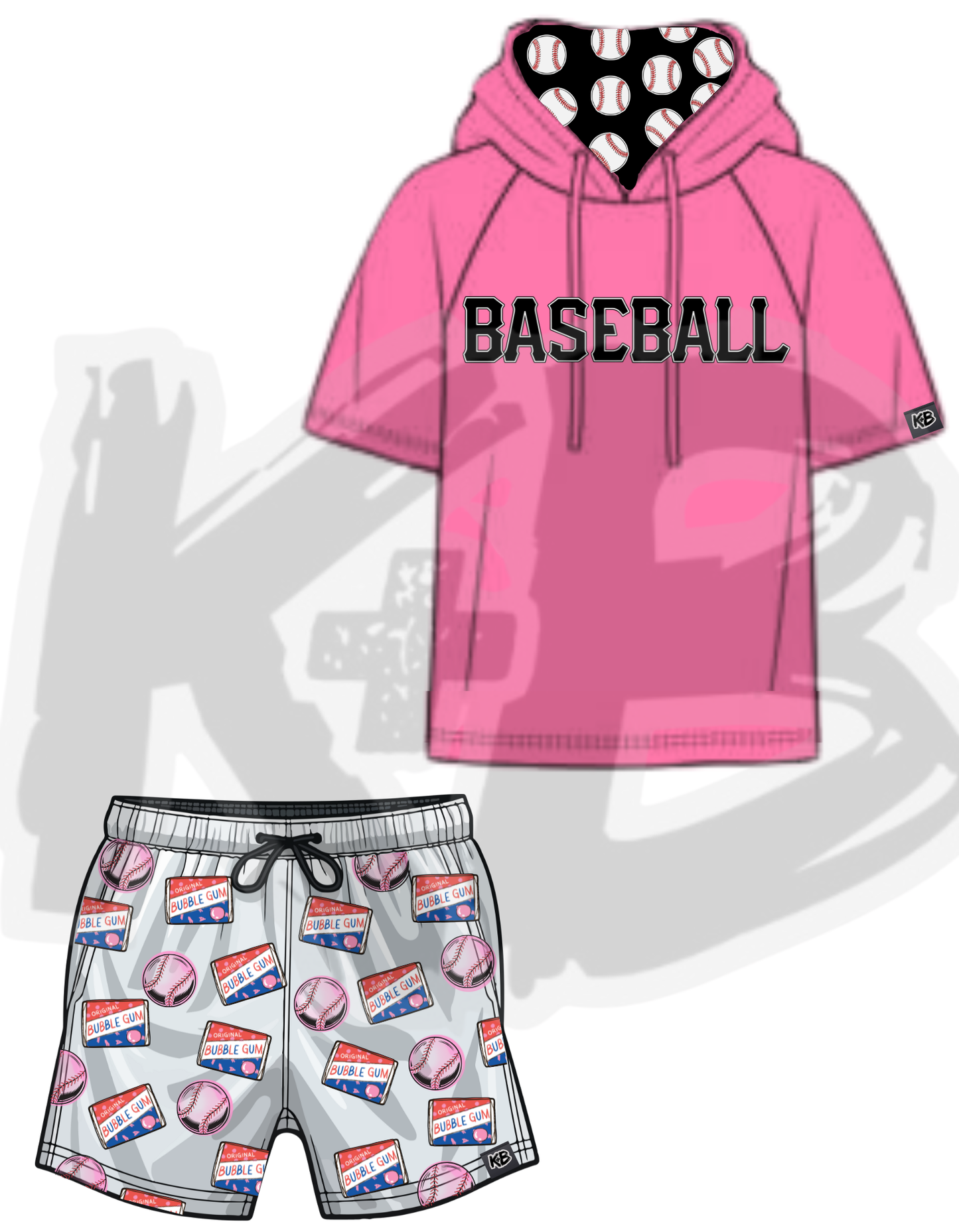 KB baseball bubble gum hooded shirt+shorts set