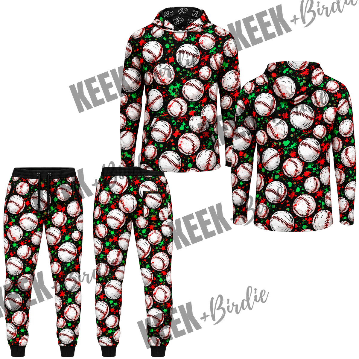 KB set Christmas baseball splatter LS hooded shirt+joggers