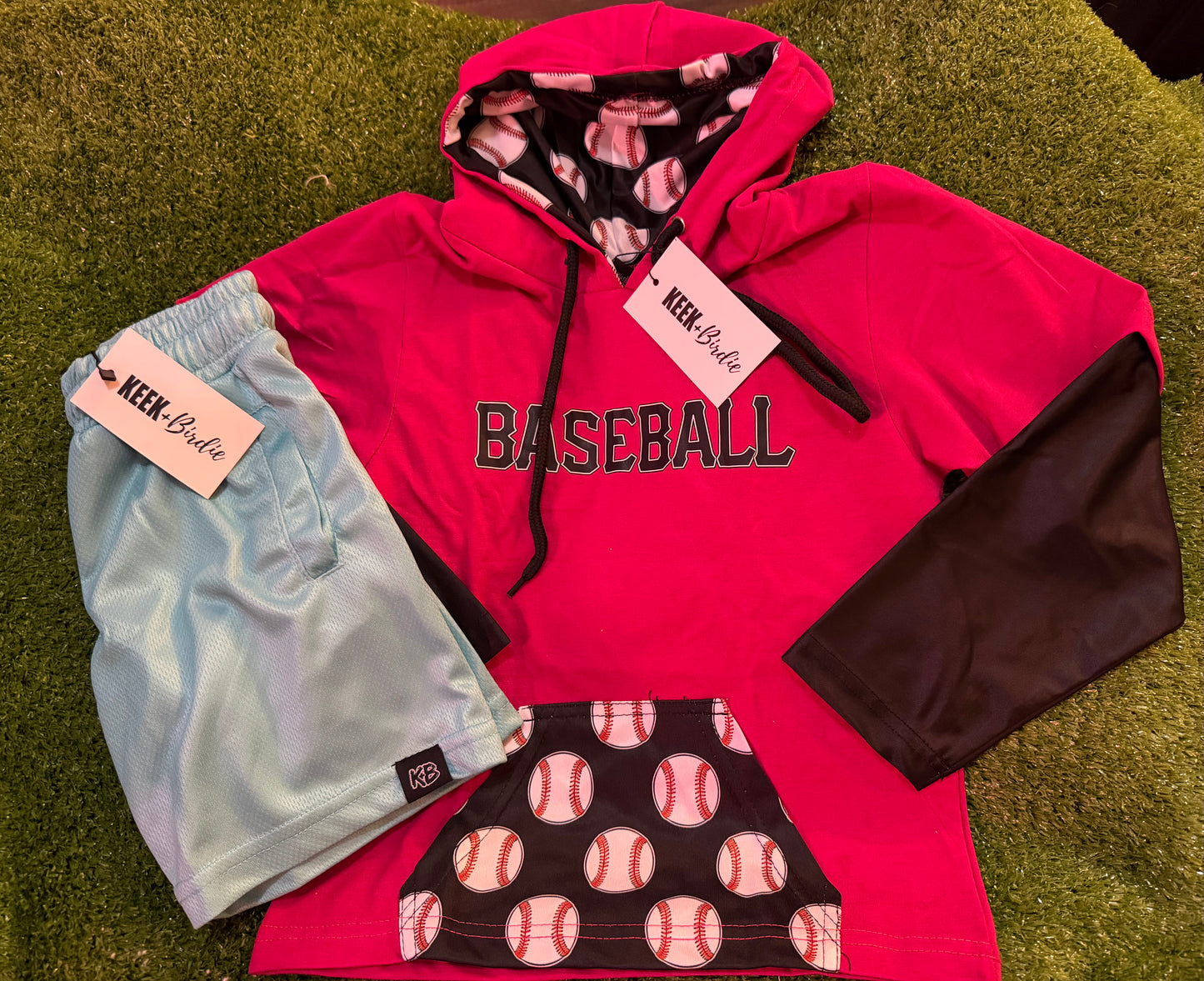 KB pink/Black Hooded Baseball Tshirt + Shorts (teal)Set (RTS)