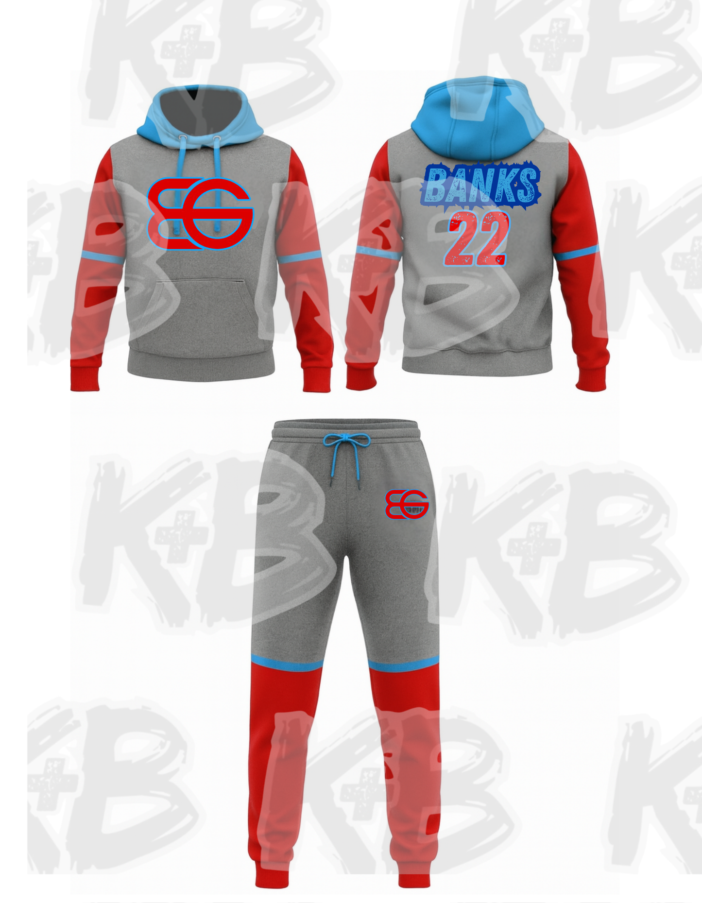 BG hoodie/jogger set red/grey/blue