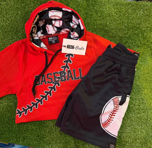 KB red/Black Hooded Baseball Seams Tshirt + Shorts (black)Set (RTS)