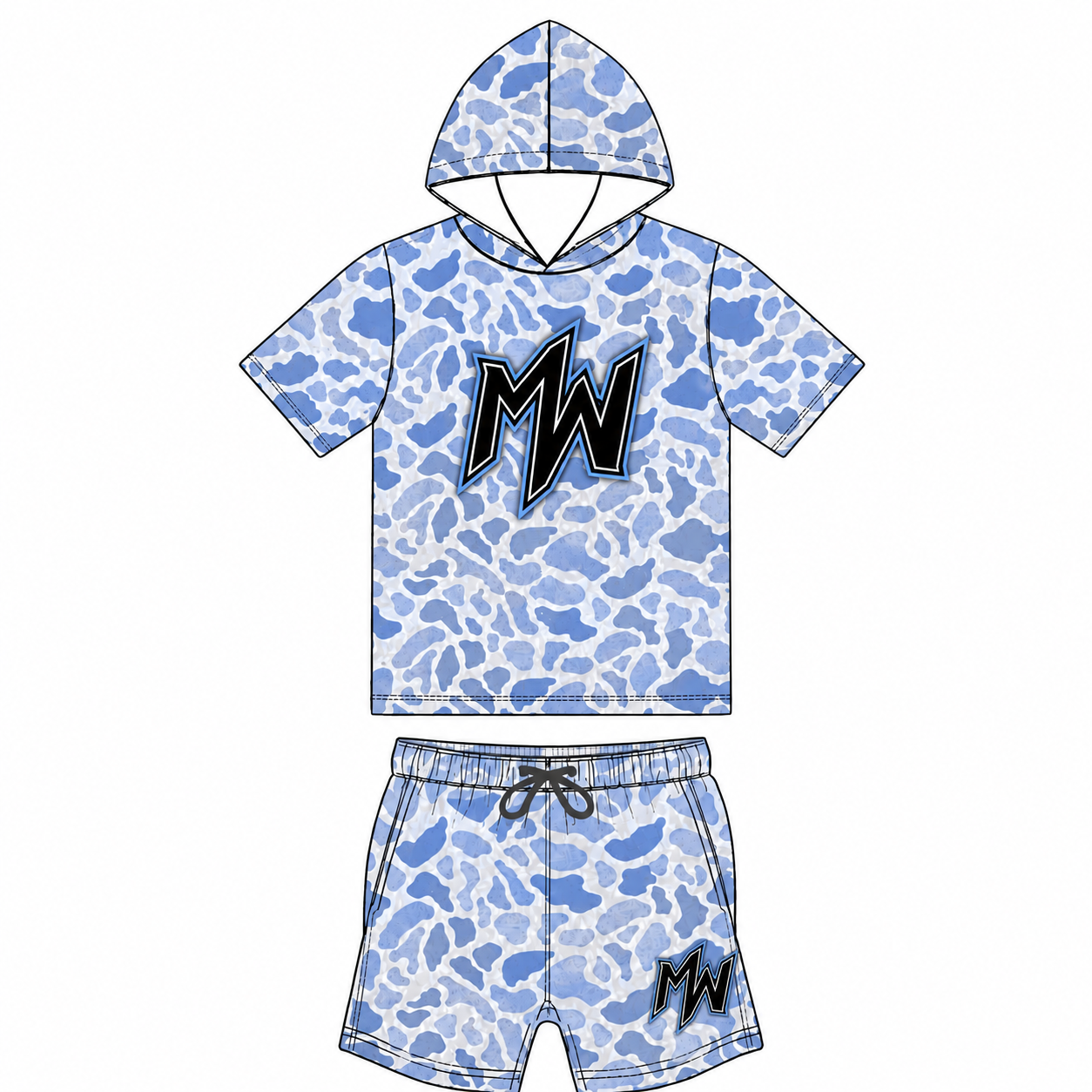 MW blue Camo Set-SS hooded shirt+shorts